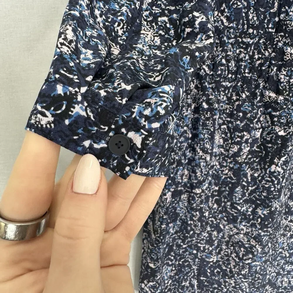 Rebecca Taylor 100% Silk Dress Womens 2 Blue Printed Cinched Tassel Puff‎ Sleeve